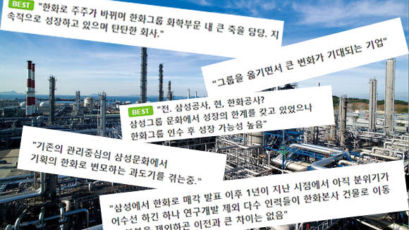 기업평판 사이트의 한화토탈 등 4사 평가들. 배경은 충남 대산의 한화토탈 공장. (사진: 한화토탈, 잡플래닛)
