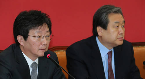 새누리당 유승민 원내대표가 25일 국회에서 열린 최고·중진연석회의에서 박상옥 대법관 후보자의 인사청문회 개최를 촉구하고 있다.(사진=연합뉴스)