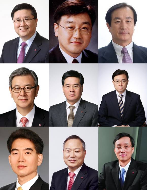 (왼쪽 상단부터) LG디스플레이 한상범 부회장, (주)LG 백상엽 사장(시너지팀장), LG전자 홍순국 사장(소재생산기술원장), LG전자 이상봉 사장(B2B부문장겸 에너지사업센터장), LG화학 손옥동 사장(기초소재사업본부장), LG화학 김명환 사장(Battey연구소장), LG화학 정호영 사장(CFO), LG화학 이웅범 사장(전지사업본부장), LG이노텍 박종석 사장 (사진제공=LG그룹)