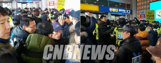 어버이연합은 매사에 친기업적 태도를 취하면 노조 집해를 방해해 왔다는 점에서 전경련이 어버이연합의 배후로 지목되고 있다. 지난 2월 5일 서울역에서 설연휴 귀향객을 대상으로 세월호 진상규명 촉구 서명을 벌이고 있던 민주노총 회원들과 충돌한 어버이연합 회원들. (사진=4.16연대)