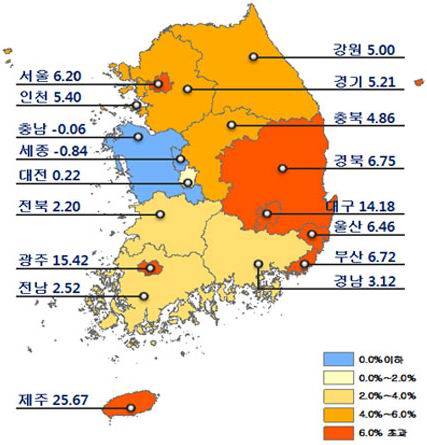 30대 그룹 총수가 보유한 개별주택 가격이 지난해 보다 평균 8.4% 올라 전국 평균(4.29%)을 크게 웃돌았다. 2016년 전국 공동주택 공시가격 상승률. (자료=국토교통부)