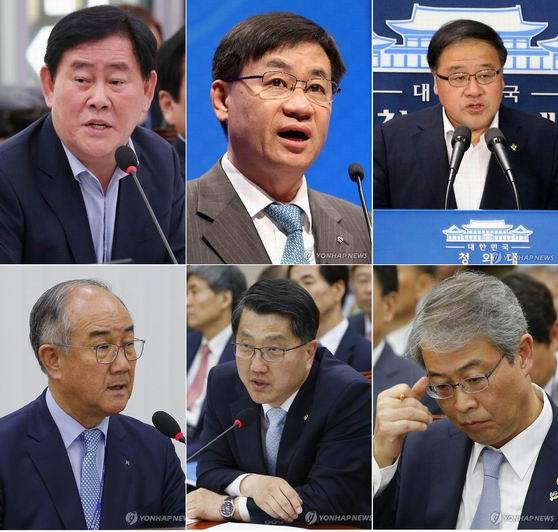 대우조선해양에 대한 4조원대 지원이 결정된 청와대 서별관회의의 참석자들. 이들이 대우조선의 분식회계 사실을 알고도 지원을 결정했는지가 최대 쟁점으로 부상했다. (왼쪽 위부터 시계방향으로) 최경환 당시 부총리 겸 기획재정부 장관, 홍기택 당시 산업은행 회장, 안종범 당시 청와대 경제수석, 임종룡 금융위원장, 진웅섭 금융감독원장, 이덕훈 수출입은행장. (사진=연합뉴스, CNB포토뱅크)