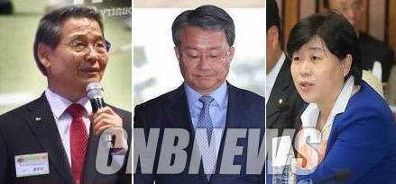 법조계 비리 의혹에 연루돼 구속기소 된 검사장 출신 홍만표 변호사(가운데)는 감영철 CTS회장(왼쪽)의 변호인 이었다. 더불어민주당 서영교 의원(오른쪽)은 감 회장의 수백억대 횡령 및 배임 의혹 사건이 무혐의를 받은 것과 관련, 홍 변호사의 ‘전관 파워’가 작용한 것 아니냐는 의혹을 제기하고 있다.