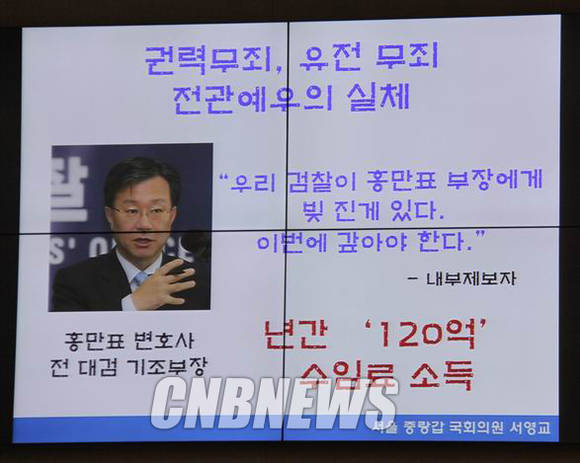 서영교 의원(더불어민주당)은 지난해 10월 국회 법제사법위원회의 법무부 국정감사에서 감경철 CTS 회장의 수백억대 횡령 및 배임 의혹 사건이 무혐의를 받은 것과 관련, 홍만표 변호사의 ‘전관 파워’가 작용한 것 아니냐는 의혹을 제기한 바 있다. 당시 서영교 의원이 김현웅 법무부 장관에게 제시한 자료.