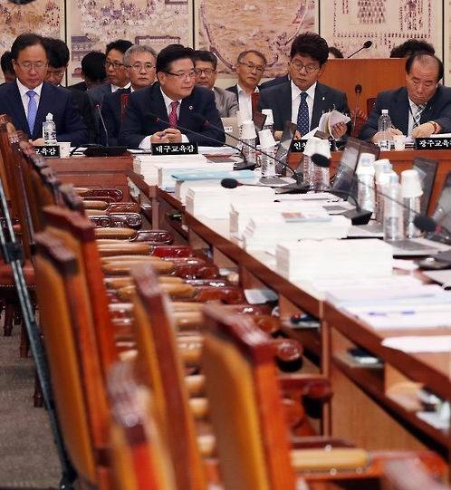 아님말고식 폭로에 호통·막말 되풀이되고 있는 국정감사 풍경은 익숙해진지 오래다. 6일 국회교육문화체육관광위원회의 전국 광역시 교육청에 대한 국정감사에서 증인채택 문제를 놓고 여야가 신경전을 벌이는 바람에 의원석은 비어있고 불려나간 증인들만 자리를 채우고 있다. (사진=연합뉴스)