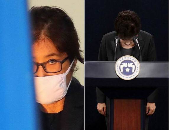박근혜 대통령의 ‘비선실세’로 군림하다 구속된 최순실씨가 4일 서울중앙지검에서 조사를 마친 뒤 구치소로 돌아가기 위해 호송버스에 탑승하고 있다(왼쪽). 같은 날 박근혜 대통령이 ‘최순실 국정 농단’ 파문에 관한 대국민담화를 마친 뒤 고개 숙여 인사하고 있다. (사진=연합뉴스)