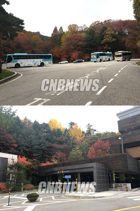 워커힐호텔 대형주차장 중 한 곳(위)과 승용차를 주차하는 주차타워. (사진=김유림 기자)