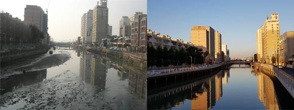 왼쪽은 정비사업 전 괴정천 하천 모습, 오른쪽은 정비사업 완료 후 개선된 모습. (사진제공=부산시)