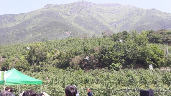 무인헬기를 이용해 항공방제를 하고 있다. (사진제공=경남도)