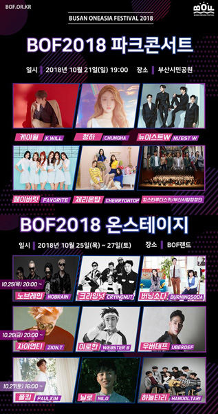 BOF2018 파크콘서트와 온스테이지 라인업. (사진제공=부산관광공사)
