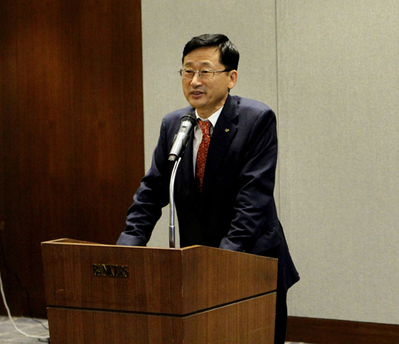 9일 서울 은행연합회 뱅커스클럽에서 열린 한국주택금융공사 하반기 MBS 투자설명회에서 이정환 주택금융공사 사장이 축사를 하고 있다. (사진제공=주택금융공사)