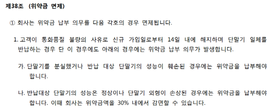 KT의 WCDMA 서비스 이용약관 중 위약금 관련 내용. SK텔레콤과 LG유플러스도 통화품질 불량의 사유인 경우 신규 가입일로 부터 14일 이내에 해지 시 위약금을 면제 받을 수 있다고 규정하고 있다. (사진=KT)