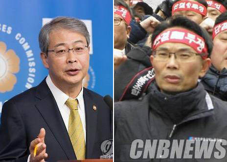 임종룡 금융위원장(사진 좌)과 허권 금융노조 위원장 당선인(사진 우). 새해에는 양측이 성과연봉제를 놓고 크게 충돌할 전망이다. (사진=연합뉴스, 이성호 기자)