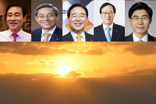 올해 금융권의 경영 키워드는 ‘리스크 관리’와 ‘시너지 창출’로 축약된다. 5대 금융사(하나, KB, 신한, 농협, 우리)를 이끌고 있는 리더들과 2017년 1월1일 해돋이 장면. (사진=각사, 연합뉴스)