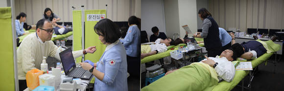 한미약품 본사임직원들이 헌혈캠페인에 참여하고 있는 모습. (사진=한미약품)