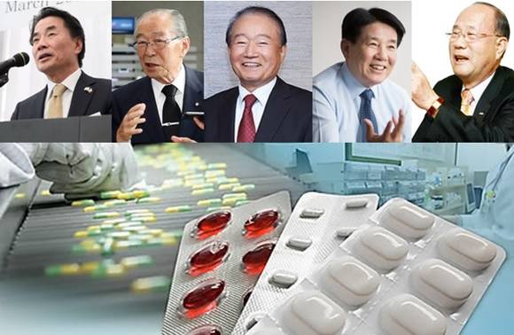 (왼쪽부터)이장한 종근당 회장, 강신호 동아쏘시오그룹 명예회장, 임성기 한미약품 회장, 이정희 유한양행 대표, 김승호 보령제약 회장. (사진=각 기업, 연합뉴스, 전경련)