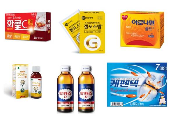 국내 제약업계가 지주회사 전환의 급물살을 타고 있다. 사진은 제약사들의 대표제품. (왼쪽위부터 시계방향)JW중외제약 화콜, 보령제약 겔포스엠, 일동제약 아로나민골드, 제일약품 케펜텍, 동아제약 박카스, 녹십자 그린노즈에스. (사진=각 기업)