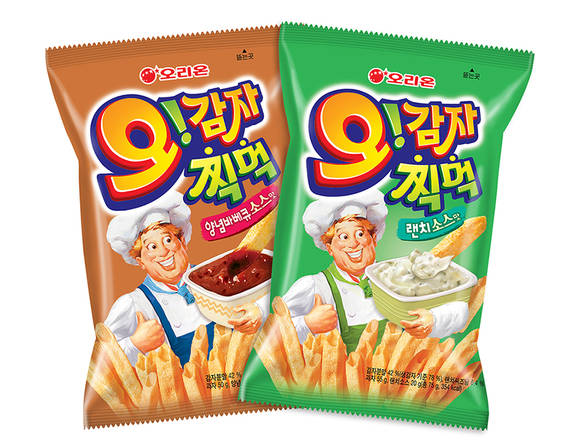 ‘오!감자 찍먹 양념바베큐소스맛’, ‘오!감자 찍먹 랜치소스맛’ 제품 이미지. (사진=오리온)