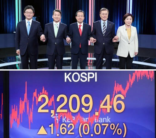 19대 대통령 선거를 앞두고 대선 후보 테마주들이 인기다. (왼쪽부터)유승민 바른정당 후보, 안철수 국민의당 후보, 홍준표 자유한국당 후보, 문재인 더불어민주당 후보, 심상정 정의당 후보가 지난 23일 중앙선관위 주최 대선후보 TV토론회에 참여해 기념사진을 촬영 중이다. (사진=연합뉴스)