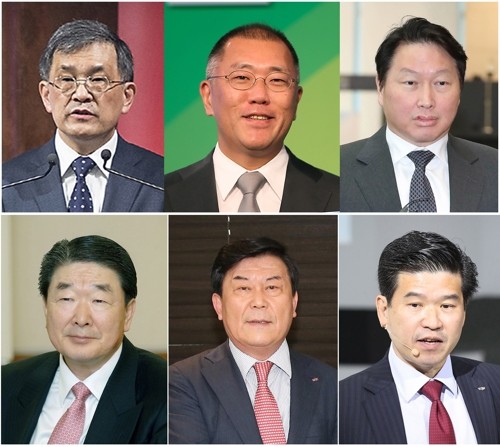 위 왼쪽부터 권오현 삼성전자 대표이사 부회장, 정의선 현대차 부회장, 최태원 SK그룹 회장. 아래 왼쪽부터 구본준 LG그룹 부회장,박성택 산하 회장 겸 중소기업중앙회장,제임스 김 한국지엠 사장 겸 주한미국상공회의소(암참) 회장. (사진=연합뉴스)