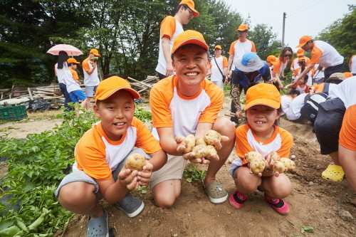 한화건설 직원과 자녀들이 ‘임직원 가족 여름맞이 봉사캠프’에서 감자를 캐고 즐거워하고 있다. (사진=한화건설)
