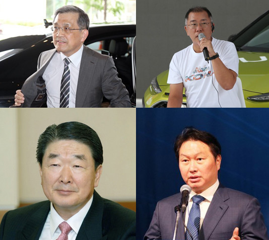 문재인 대통령과 미국에 방문하는 경제인단에는 재계 총수들이 대거 포함됐다. (위 왼쪽부터 시계방향) 권오현 삼성전자 대표이사 부회장, 정의선 현대차 부회장, 최태원 SK그룹 회장. 구본준 LG그룹 부회장(사진=연합뉴스)