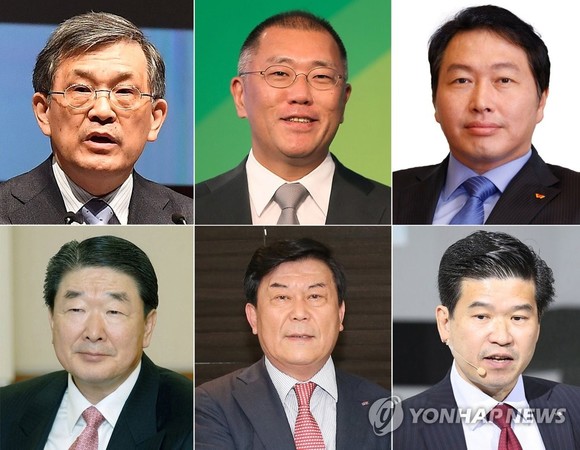 방미 경제인단은 미국과 경제관계 개선에 도움이 될 기업을 중심으로 구성됐다. (왼쪽 위부터 시계방향으로)권오현 삼성전자 부회장, 정의선 현대차 부회장, 최태원 SK그룹 회장. 제임스 김 한국지엠 사장 겸 주한미국상공회의소 회장, 박성택 산하 대표이사 사장 겸 중소기업중앙회장, 구본준 LG그룹 부회장.(사진=연합뉴스)