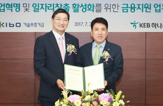 24일 서울 을지로 KEB하나은행 본점에서 진행된 업무협약식에서 함영주 KEB하나은행장(사진 오른쪽)과 김규옥 기술보증기금 이사장(사진 왼쪽)이 기념촬영을 하고 있는 모습. (사진=KEB하나은행)