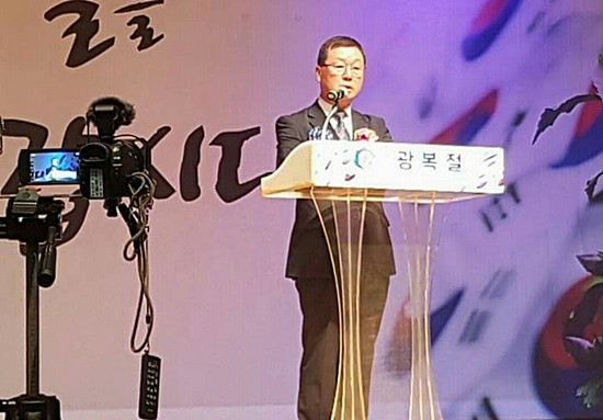 김준태 파주시장 권한대행이 8.15 광복절 경축사를 하고 있다(사진= 김진부 기자)