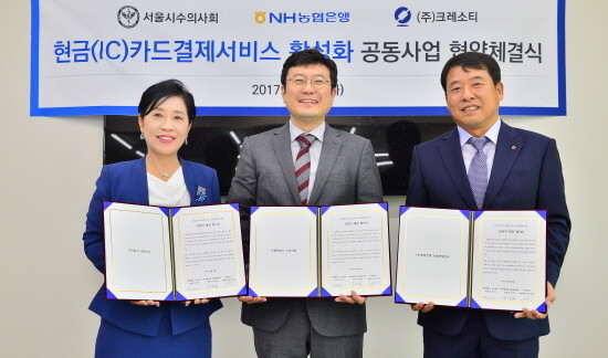 22일 서울시 성북구 안암동에 위치한 서울시수의사회에서 업무협약을 체결하고 있는 모습. 사진 왼쪽부터 크레소티 박경애 대표이사, 최영민 서울시수의사회장, 김경엽 농협은행 서울경영지원단장. (사진=농협은행)