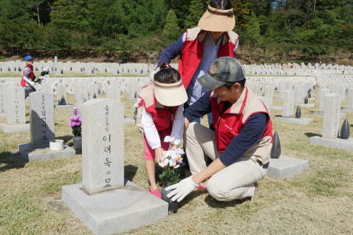 롯데건설 직원 가족이 묘역 단장을 하는 모습. (사진=롯데건설)
