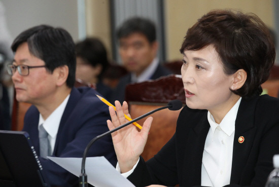 국토교통부가 후분양제 도입을 예고하면서 건설업계의 지각변동이 예상되고 있다. 지난 12일 열린 국토부 국정감사에서 김현미 장관이 국회의원들의 질문에 답변하고 있는 모습. (사진=연합뉴스)