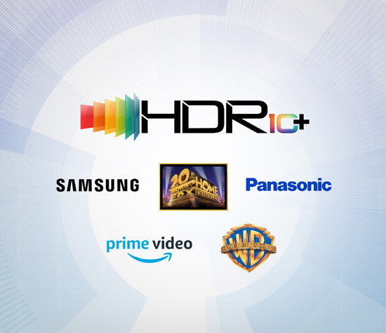 HDR10+ 인증 로고와 HDR10+ 진영에 합류한 5개 회사(삼성전자, 파나소닉, 20세기폭스, 아마존, 워너브라더스)의 로고. (사진=삼성전자)