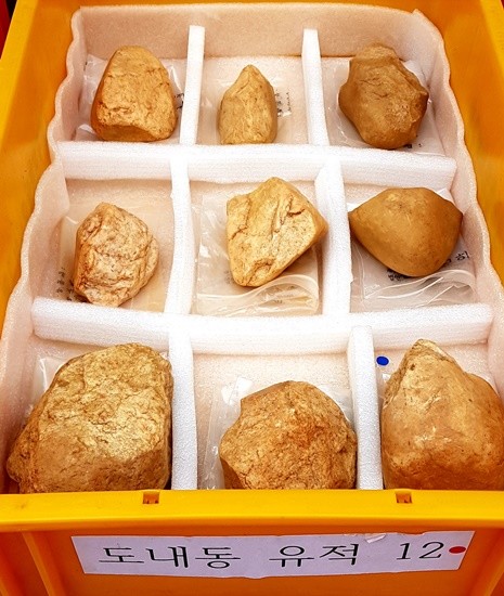 고양시에서 발굴된 7만년 전 구석기 시대 유물 중 일부 돌도끼 등이 하단에 보이고 있다(사진= 김진부 기자)