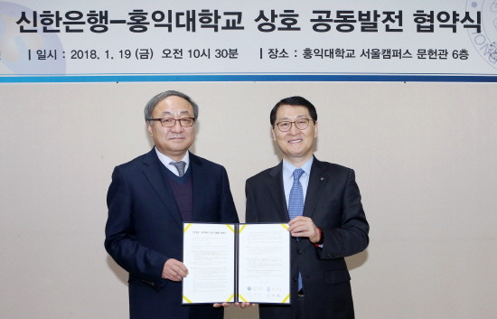 19일 서울 마포 소재 홍익대학교 문헌관에서 진행된 상호 공동발전 협약식에서 신한은행 위성호 은행장(오른쪽)과 홍익대학교 김영환 총장이 기념촬영하고 있는 모습. (사진=신한은행)