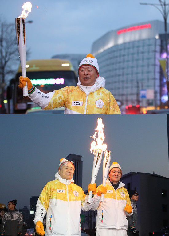 신동빈 롯데그룹 회장(사진 위)과 조양호 한진그룹 회장 부자가 성화봉송주자로 나선 모습. (사진=연합뉴스)