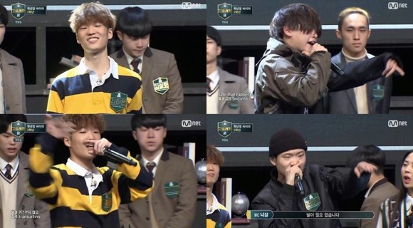 23일 방송된 Mnet '고등래퍼2' 첫방송에서 2학년 참가자인 김하온(왼쪽 위, 아래), 이병재(오른쪽 위), 조원우 등이 강력한 우승 후보로 언급됐다. (사진 = 방송 화면 캡처)