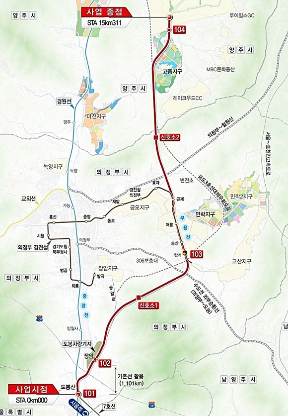 국토부에서 고시한 7호선 연장 노선도, 안 시장은 장암지구와 민락2지구로의 우회 연장 및 역사 건립을 요구하고 있다(사진= 의정부시)