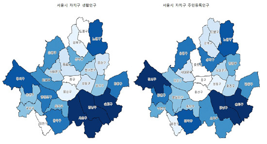 KT와 서울시가 공동 개발한 ‘서울 생활인구’의 자치구별 인구 밀도 이미지. (KT 제공)