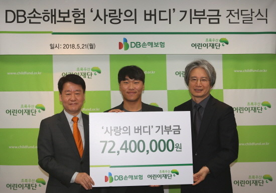 (좌측부터)DB손해보험 홍보팀 신해용 팀장, 제14회 프로미오픈 우승자 전가람 프로, 초록우산 어린이재단 서울남부지역본부 이충로 본부장. (사진=DB손보)