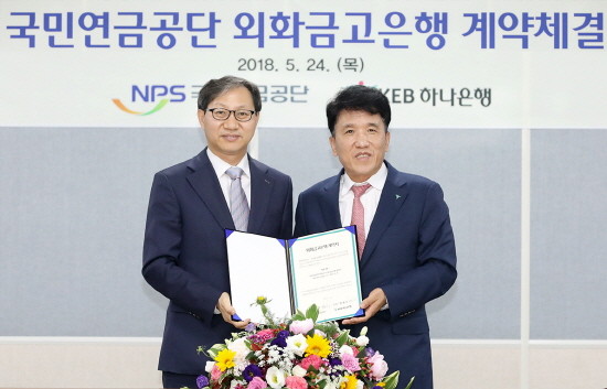 계약 체결식 후 함영주 KEB하나은행장(오른쪽)이 김성주 국민연금공단 이사장(왼쪽)과 기념 촬영을 하고 있다. (사진=KEB하나은행)