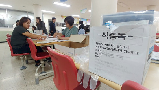 전북 완주의 한 중학교 급식실에서 관계자들이 역학조사를 하고 있는 모습 (사진=연합뉴스 제공)