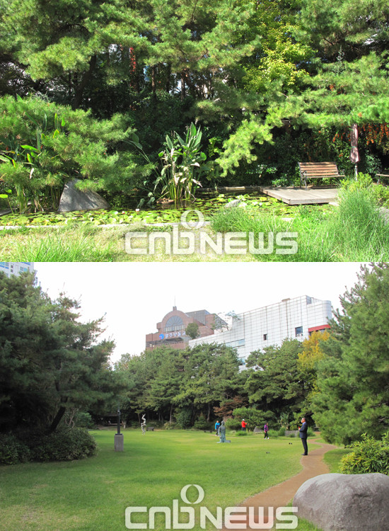 지난 18일 작은 연못과 벤치가 있는 금호시민문화관에서 산책하는 시민들 (사진=선명규 기자)