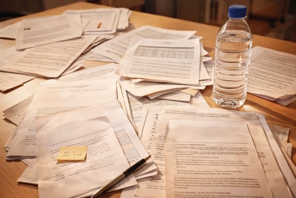 검토용 문서가 쌓인 사무실 책상 위에 시판 생수 한 병이 놓여 있다.