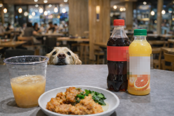 음식이 놓인 식탁 너머로 갈색 골든 리트리버가 고개를 빼꼼 내밀어 바라보고 있고, 뒤로는 음식점 내부가 보인다.
