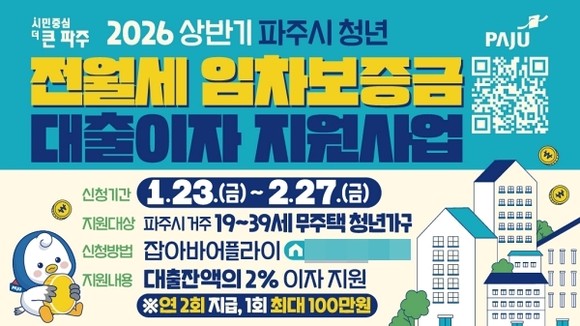 청년 주거지원 안내 포스터 이미지와 함께 ‘청년 전월세 임차보증금 대출이자 지원, 2월 27일까지 접수’ 문구가 보이는 화면