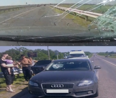 운전 중 날아온 벽돌 (사진=유튜브)