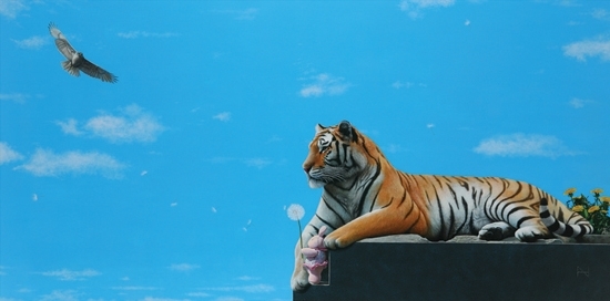 Dream(tiger & rabbit) 97x194 oil acrylic 2009<br />